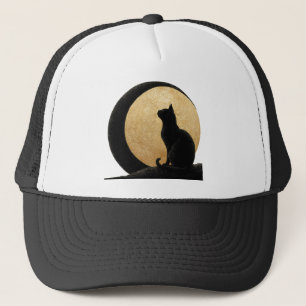 Zwarte kat silhouet tegen een gouden maan trucker pet