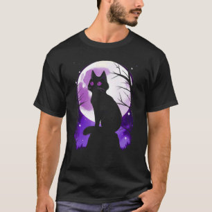 Zwarte Kat Silhouet Volle Maan Halloween Eenvoudig T-shirt