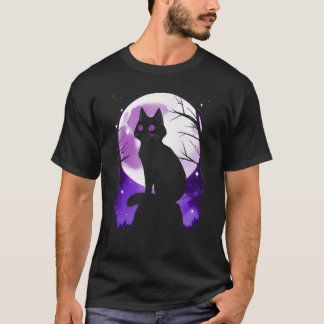Zwarte Kat Silhouet Volle Maan Halloween Eenvoudig T-shirt