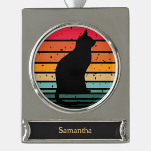 Zwarte kat Silhouette op regenboogcirkelKerstmis Verzilverd Banner Ornament