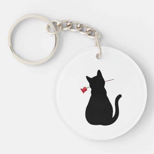 Zwarte Kat Silhouette Rode Roos NAAM Leuke Pet Lov Sleutelhanger (Voorkant)