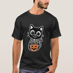 Zwarte kat Skeleton Halloween pompoen grappige tru T-shirt