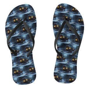 Zwarte Kat Sneeuwrijke Arrenslee Rit Kerst Decorat Teenslippers