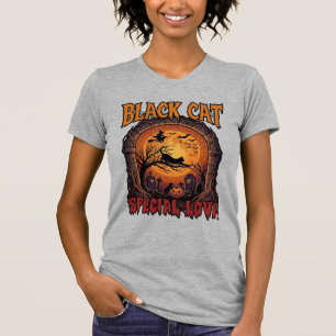 Zwarte Kat Speciale Liefde Halloween Maan Heks Pom T-shirt