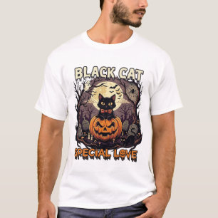 Zwarte Kat Speciale Liefde Halloween Pompoen Volle T-shirt