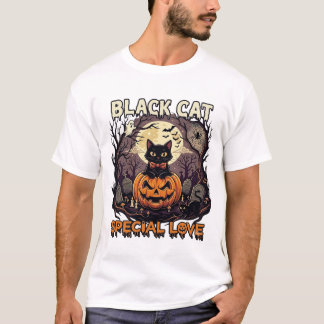 Zwarte Kat Speciale Liefde Halloween Pompoen Volle T-shirt