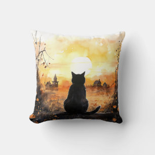 Zwarte kat staren op setting zon Herfst halloween Kussen