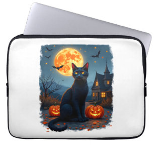Zwarte Kat Starnacht Van Gogh Pompoenen Vleermuize Laptop Sleeve