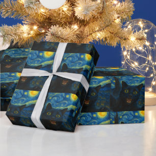 Zwarte Kat Sterrennacht Van Gogh Kat Selfie Cadeaupapier