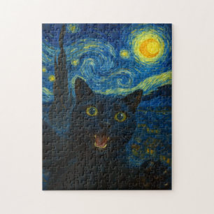 Zwarte Kat Sterrennacht Van Gogh Kat Selfie Legpuzzel