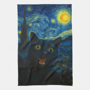 Zwarte Kat Sterrennacht Van Gogh Kat Selfie Theedoek