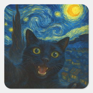 Zwarte Kat Sterrennacht Van Gogh Kat Selfie Vierkante Sticker