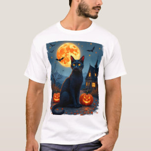 Zwarte Kat Sterrennacht Van Gogh Pompoenen Vleermu T-shirt