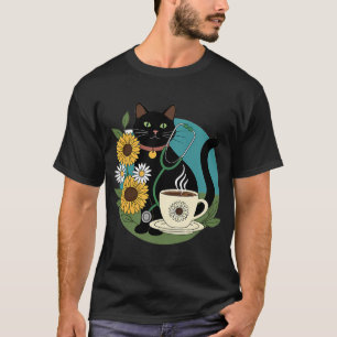 Zwarte Kat Stethoscoop Koffiekopje Cadeau T-shirt