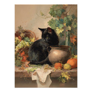 zwarte kat te midden van herfstvruchten foto afdruk