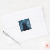 Zwarte kat te midden van maanverlichte wilde bloem vierkante sticker (Envelop)
