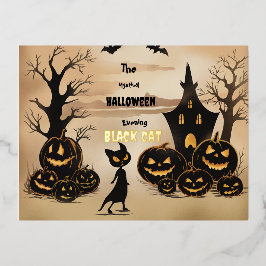 Zwarte kat tijdens Halloween in de muren. Folie Feestdagen Briefkaart