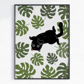 Zwarte Kat Tropische Bladeren Plantenliefhebber Poster