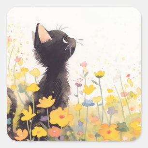 Zwarte Kat tussen de Bloemen Vierkante Sticker