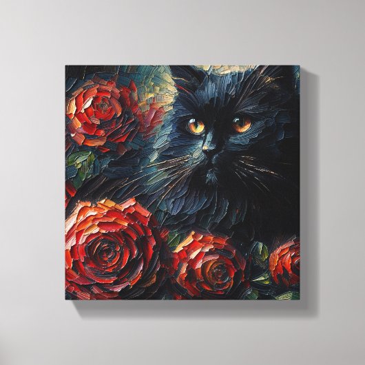 Zwarte kat tussen rode rozen Gothic Canvas Afdruk (Voorkant)