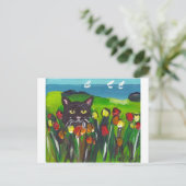 Zwarte kat van tulpen briefkaart (Staand voorkant)