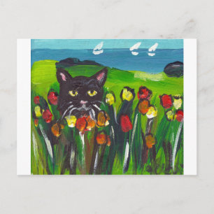 Zwarte kat van tulpen briefkaart
