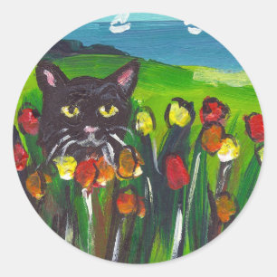 Zwarte kat van tulpen ronde sticker