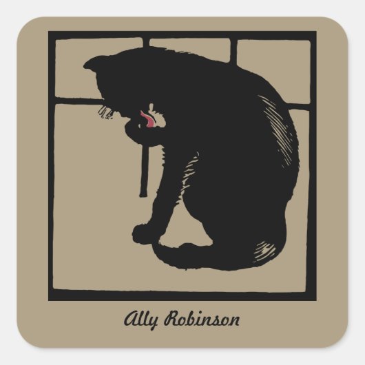 Zwarte kat vector kunst (houtsnede) bookplate vierkante sticker (Voorkant)