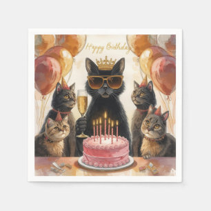 Zwarte kat verjaardagsfeest met roze cake en vrien servet