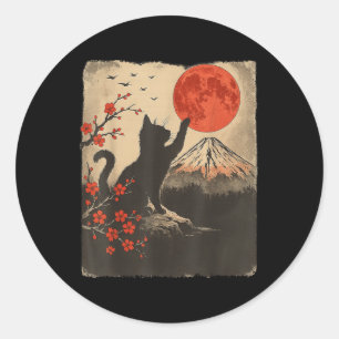 Zwarte Kat Vintage Retro Japan Kunst Japans Thema Ronde Sticker