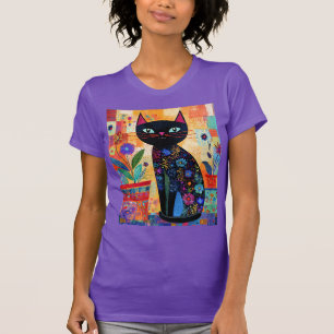 Zwarte kat volks kunst t-shirt
