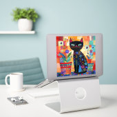 Zwarte Kat Volkskunst Sticker (Laptop op bureau)