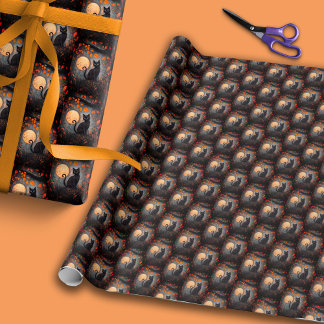 Zwarte kat Volle Maan Herfst Herfst Halloween Cadeaupapier