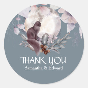 Zwarte kat volle maan schemerig blauw bloemendank  ronde sticker