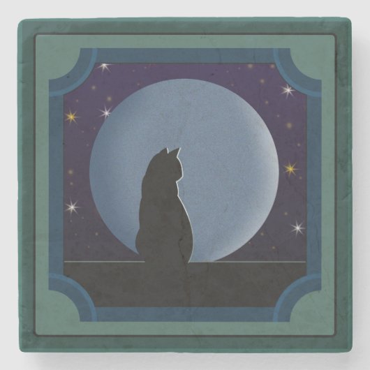 Zwarte kat, volle maan, sterren stenen onderzetter (Voorkant)