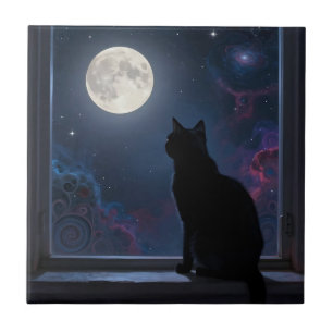 Zwarte Kat Volle Maan Sterrenstelsel Raam Scene Tegeltje