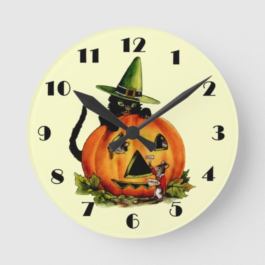 zwarte kat wandklok ronde klok (Voorkant)