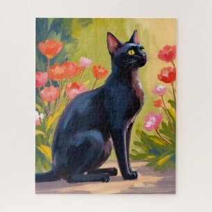 Zwarte Kat Waterverf Bloemen Geschilderde Katten Legpuzzel