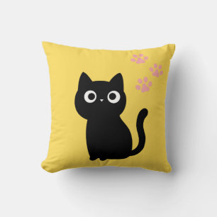 Zwarte kat-werpkussen met kawaii-geel decor Cute Kussen