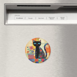 Zwarte Kat Whimsical Kunstwerk Magneet