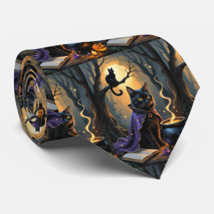 Zwarte Kat Whimsy Halloween Schilderij Stropdas