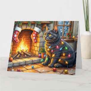Zwarte Kat Zit Bij Open Haard met Kerstverlichting Kaart
