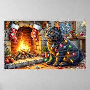 Zwarte Kat Zit Bij Open Haard met Kerstverlichting Poster
