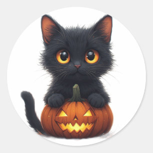 Zwarte Kat Zit op Pompoen Ronde Sticker