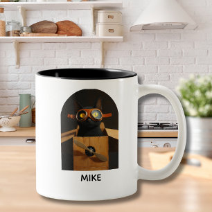 Zwarte kat zittend in doos vliegtuig Gepersonalise Tweekleurige Koffiemok