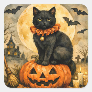 Zwarte kat zittend op Halloween pompoen Vierkante Sticker