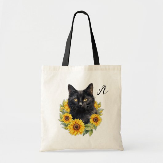 Zwarte kat Zonnebloem Krans Monogram Initiaal Tote Bag (Voorkant)