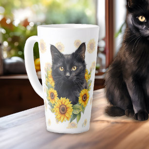 Zwarte Kat Zonnebloemen Spreuk Latte Mok