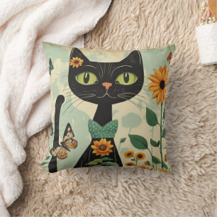 Zwarte kat, zonnebloemen, vlinders, native art kussen