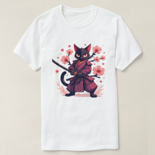 Zwarte Katachtige Samurai Japanse Esthetiek Kersen T-shirt